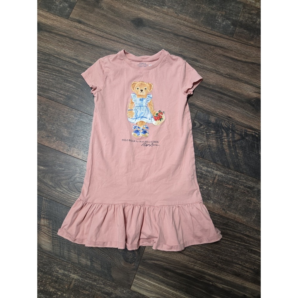 Ralph Lauren Polo Bear Dress Girls M (8-10) Graphic  Bear Print Ruffle Hem